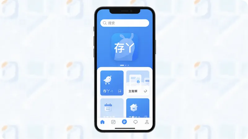 一张展示手机应用主界面的插画,画面中央是“存丫”APP的图标和主界面,布局简洁清晰,顶部有搜索栏,中间是功能卡片式排列,底部是导航栏,风格现代扁平化,配色以蓝白为主,画面干净整洁,无多余元素,高清画质