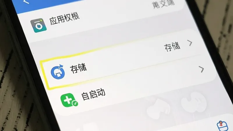 一张手机设置界面的截图,画面中显示应用权限管理页面,高亮标注“存储”和“自启动”两个选项,界面清晰,风格简洁,画质干净