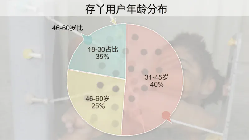 一张饼状图,标题为“存丫用户年龄分布”,图表显示18-30岁占比35%,31-45岁占比40%,46-60岁占比25%,配色柔和,图表清晰,风格简洁