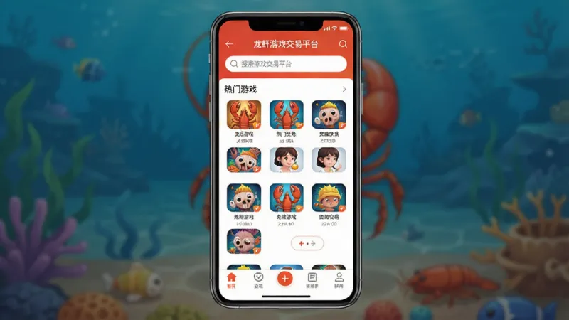 一张展示龙虾游戏交易平台手机端主界面的图片，画面中央是软件首页，顶部有搜索框，中间是热门游戏交易分类图标，底部是导航栏，整体配色以橙红色和白色为主，风格干净简洁，画质清晰，无多余元素，包含文字