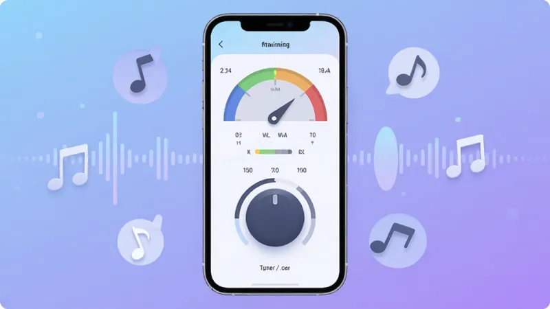 Ear Training Tuner 应用主界面全貌展示,画面中央是手机屏幕,屏幕内显示音准训练仪表盘和调音器旋钮,背景是柔和的蓝紫色渐变,周围漂浮着音符图标和声波图形,风格现代扁平化,细节圆润,画质干净清晰,无多余元素