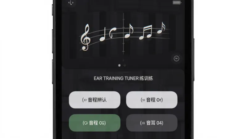 Ear Training Tuner 练耳训练界面,手机屏幕显示音程辨认题目和四个选项按钮,屏幕上方有音符跳动动画,背景为深色护眼模式,风格简洁专业,画质干净,无多余元素