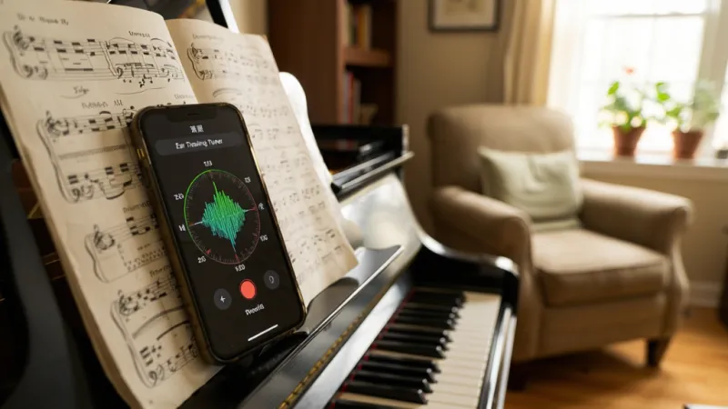 Ear Training Tuner 离线使用场景,手机放在钢琴谱架上显示调音器界面,背景是温馨的室内练琴角落,风格生活化写实,画质干净,无多余元素