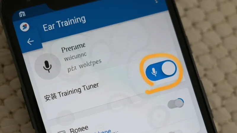 Ear Training Tuner 安装权限设置示意图,手机屏幕显示应用权限管理页面,麦克风权限开关被高亮标注,界面为安卓原生风格,画质干净,无多余元素