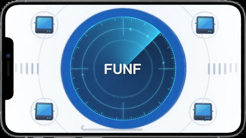 一张展示FUNF软件搜索设备界面的手机截图,画面中有一个雷达扫描动画,中心是“FUNF”字样,周围散布着几个设备图标,界面风格科技感十足但保持简洁,色调以蓝白为主,画质清晰干净