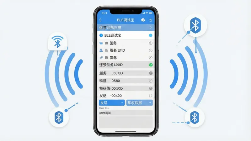 一张展示BLE调试宝应用核心界面的详细生图。主体是手机屏幕,屏幕上显示BLE调试宝应用的主界面,顶部是蓝牙设备扫描列表,中间显示已连接设备的服务UUID和特征值,底部有发送和接收数据的调试面板。布局以手机为中心,周围环绕蓝牙信号波纹和连接图标。排版简洁,风格科技感扁平化,细节包括清晰的文字标签“BLE调试宝”、蓝色的连接状态指示灯、灰白色的数据条目。画质干净,无多余元素,高清,UI设计现代。