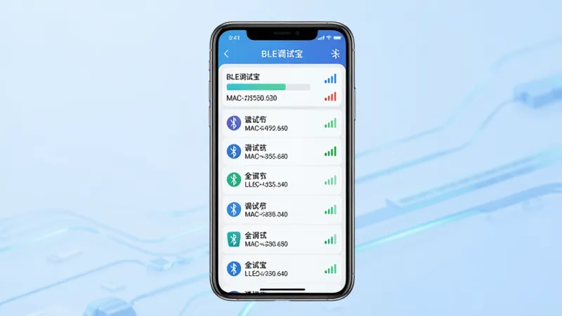 一张展示BLE调试宝设备扫描与连接功能的AI生图。主体是一部手机,屏幕上显示BLE调试宝的设备列表界面,列表中包含多个蓝牙设备名称和信号强度图标。布局为手机居中,背景是淡蓝色渐变。排版清晰,风格简洁科技感。细节包括手机屏幕上的“BLE调试宝”标题、信号强度条、MAC地址文字。画质干净,无多余元素,高清。