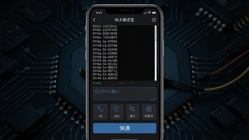一张展示BLE调试宝数据收发功能的AI生图。主体是手机屏幕,屏幕上显示BLE调试宝的数据收发界面,上半部分是接收到的Hex数据流,下半部分是发送输入框和快捷按钮。布局为手机居中,背景是深色科技纹理。排版清晰,风格暗黑科技风。细节包括“BLE调试宝”文字、数据流中的十六进制代码、发送按钮。画质干净,无多余元素,高清。