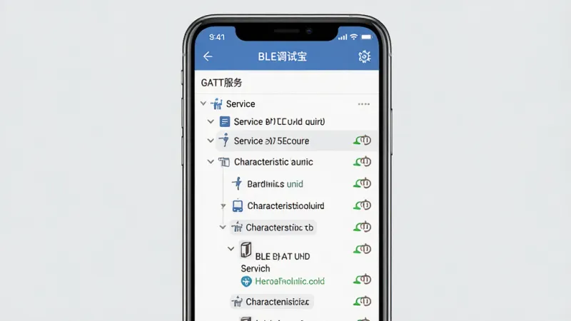 一张展示BLE调试宝服务与特征值管理界面的AI生图。主体是手机屏幕,屏幕上显示BLE调试宝的GATT服务列表,树状结构展开显示Service和Characteristic,每个条目旁边有读写权限图标。布局为手机居中,背景是浅灰色。排版整洁,风格商务科技感。细节包括“BLE调试宝”标题、UUID文字、属性图标。画质干净,无多余元素,高清。