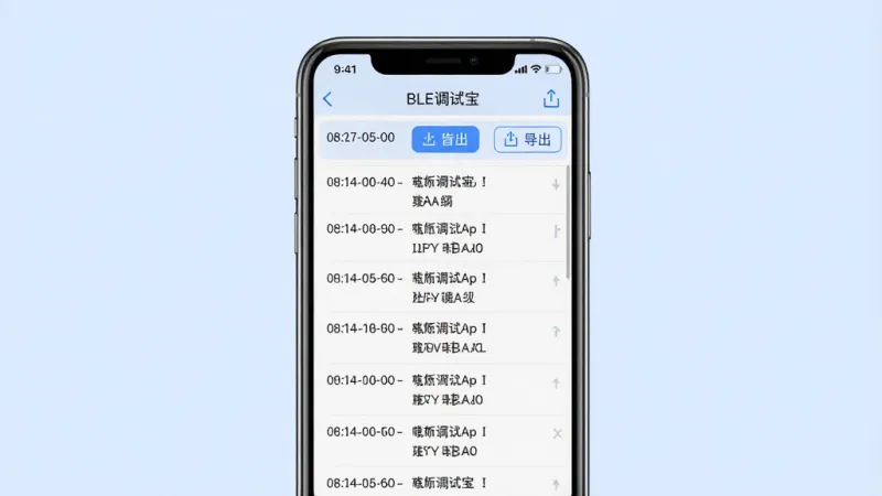 一张展示BLE调试宝日志记录与导出功能的AI生图。主体是手机屏幕,屏幕上显示BLE调试宝的日志界面,列表中有多条带时间戳的数据记录,顶部有导出按钮。布局为手机居中,背景是淡蓝色。排版清晰,风格简约。细节包括“BLE调试宝”文字、时间戳、数据内容、导出图标。画质干净,无多余元素,高清。