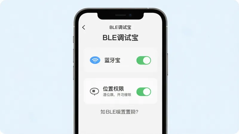 一张展示BLE调试宝新手操作界面的AI生图。主体是手机屏幕,屏幕上显示BLE调试宝的权限设置引导界面,有蓝牙和位置权限的开启提示。布局为手机居中,背景是浅色。排版简洁,风格友好。细节包括“BLE调试宝”文字、权限开关图标、提示文字。画质干净,无多余元素,高清。