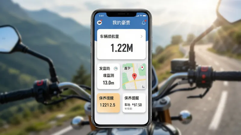 一张展示“我的豪爵”手机App主界面的详细图片,画面正中央是一部竖屏手机,屏幕内显示“我的豪爵”App的仪表盘界面,包含车辆续航里程数字、胎压监测状态、车辆定位地图缩略图和保养提醒小卡片,手机背景是虚化的摩托车把手与山路风景,整体布局上手机居中、背景元素向四周延展,排版简洁聚焦,风格为现代扁平化科技感,细节上App图标圆润、数据卡片有轻微阴影、背景有光线透感,画质高清干净,无多余元素。