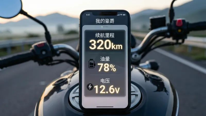 一张“我的豪爵”车辆状态监控功能展示图,画面主体为手机屏幕特写,屏幕内用大号数字显示“续航里程 320km”、“油量 78%”、“电压 12.6V”,数字下方配有对应的小图标,手机放置在摩托车油箱盖上,背景是清晨的公路和远山,布局采用中心对称构图、手机屏幕为视觉焦点,风格写实生活化,细节上数字有轻微发光效果、背景有景深虚化,画质清晰自然,无杂乱元素。