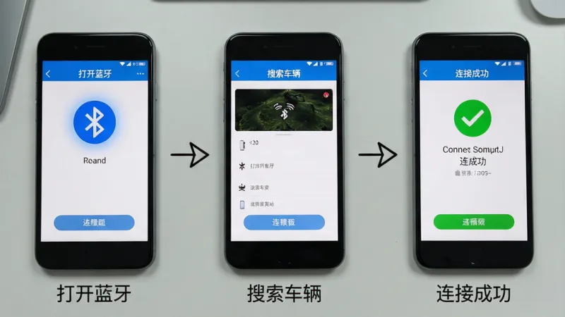 一张展示“我的豪爵”App蓝牙连接步骤的手机截图示意图,画面为三台手机并排展示,从左到右分别是“打开蓝牙”、“搜索车辆”、“连接成功”三个界面,每个界面下方有简短的文字标注,手机背景是干净的浅灰色桌面,布局上三台手机等距排列、箭头连接,风格教程示意图,细节上蓝牙图标有蓝色高亮、连接成功界面有绿色对勾,画质清晰无多余装饰。