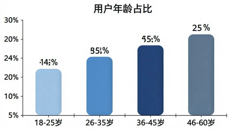 一张柱状图展示“我的豪爵”用户年龄分布,图表标题为“用户年龄占比”,横轴为年龄区间“18-25岁”、“26-35岁”、“36-45岁”、“46-60岁”,纵轴为百分比,柱状颜色从左到右依次为浅蓝、中蓝、深蓝、灰蓝,每个柱子上方标注具体百分比数值,背景为白色,布局上图表居中、标题在上方,风格简洁数据可视化,细节上柱子有圆角、数值字体清晰,画质干净无网格线。