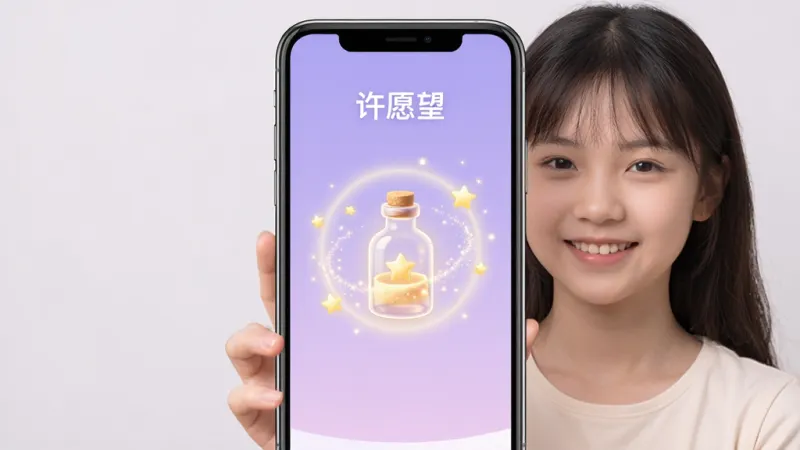 一个手机屏幕展示着“许愿望”App的主界面，界面中央有一个发光的许愿瓶图标，周围环绕着星星和柔和的光晕，背景是淡紫色渐变，主体是一个年轻女孩拿着手机微笑，布局为竖屏手机展示，排版简洁居中，风格温馨治愈，细节上许愿瓶有微光粒子效果，画质高清，干净，无多余元素