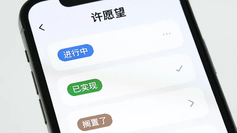 手机屏幕特写，展示“许愿望”App的愿望列表页面，列表中有三条愿望卡片，分别标注“进行中”“已实现”“搁置了”的状态标签，卡片背景为白色圆角矩形，页面顶部有“许愿望”文字标题，布局为竖屏列表排版，风格清新简约，细节上状态标签有不同颜色区分，画质清晰，干净，无多余元素