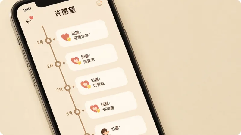 手机屏幕展示“许愿望”App的回顾视图，时间轴从屏幕左侧垂直延伸，轴上分布着不同日期的心愿卡片，卡片上有小图标和简短文字，背景为浅米色，布局为竖屏时间轴排版，风格温暖怀旧，细节上时间轴有节点圆点装饰，画质高清，干净，无多余元素