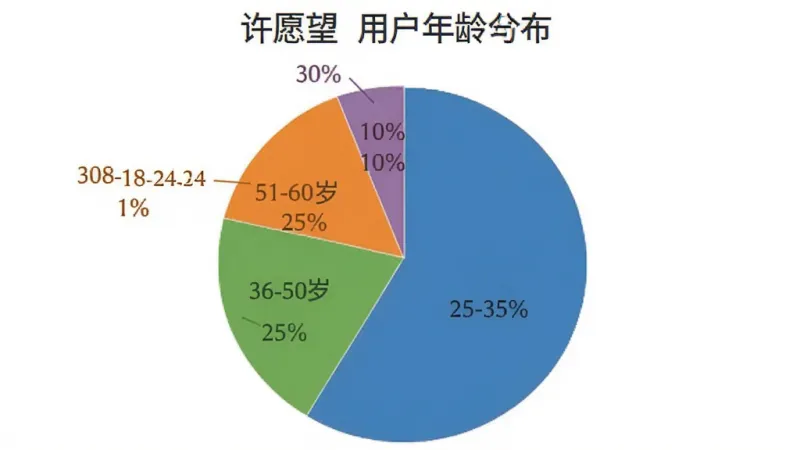 一个饼状图展示“许愿望”用户年龄分布，图中标注18-24岁占30%，25-35岁占35%，36-50岁占25%，51-60岁占10%，背景为白色，布局为居中饼状图，风格简洁商务，细节上各扇区颜色区分明显，画质清晰，干净，无多余元素