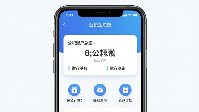 手机公积金个人计算 软件主界面全貌展示 画面中央放置一部智能手机 屏幕内显示公积金账户总览卡片 包含余额数字 缴存基数 缴存比例 下方排列房贷计算器 提取查询 还款计划三个功能图标 布局采用上下结构 顶部为蓝色渐变导航栏 风格现代扁平化 细节圆润 画质干净 无多余元素 文字标签清晰 整体色调以蓝白为主