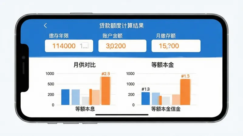 手机公积金个人计算 房贷计算器功能界面展示 画面中一部手机横屏放置 屏幕内显示贷款额度计算结果页面 上方有缴存年限输入框 账户余额输入框 月缴存额输入框 下方展示两种还款方式的月供对比柱状图 左侧为等额本息 右侧为等额本金 整体配色以蓝白为主 点缀少量橙色强调数字 布局清晰 文字标签明确 风格现代扁平 画质干净 无多余元素