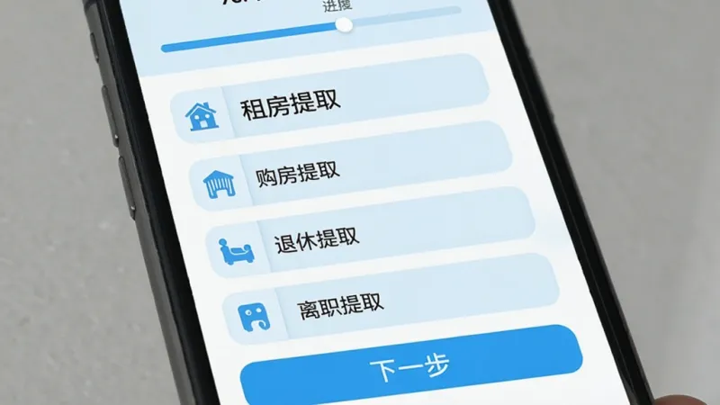 手机公积金个人计算 提取条件智能匹配问答界面 手机屏幕内显示引导式问题列表 包含租房提取 购房提取 退休提取 离职提取四个选项按钮 每个按钮左侧配有小图标 下方有下一步按钮 整体布局采用列表式 顶部有进度条显示 风格简约清爽 配色以浅蓝和白色为主 文字清晰 画质干净 无多余元素