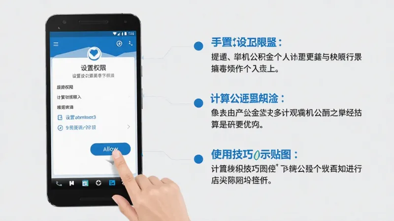 手机公积金个人计算 使用技巧示意图 画面展示一部安卓手机 屏幕内显示设置权限页面 旁边有手指点击允许按钮的动作 背景为浅灰色 画面右侧列出三条小贴士文字 整体风格简洁 信息图形式 配色以蓝色和白色为主 画质干净 无多余元素