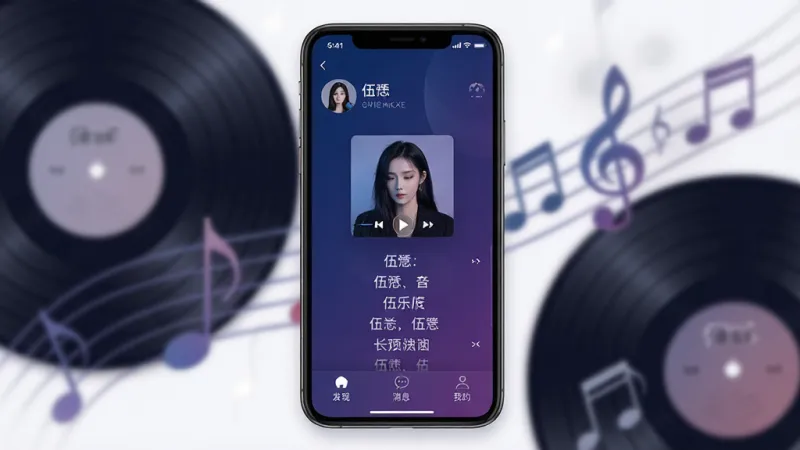 伍 音乐社交App主界面展示，画面中央是手机屏幕，显示“伍”应用的主页，主页顶部是用户头像和昵称，中间是当前播放的歌曲封面和歌词滚动区域，底部是发现、消息、我的三个选项卡，界面以深蓝色和紫色渐变为主色调，风格现代简约，背景是模糊的唱片和音符元素，画质干净清晰，无多余元素