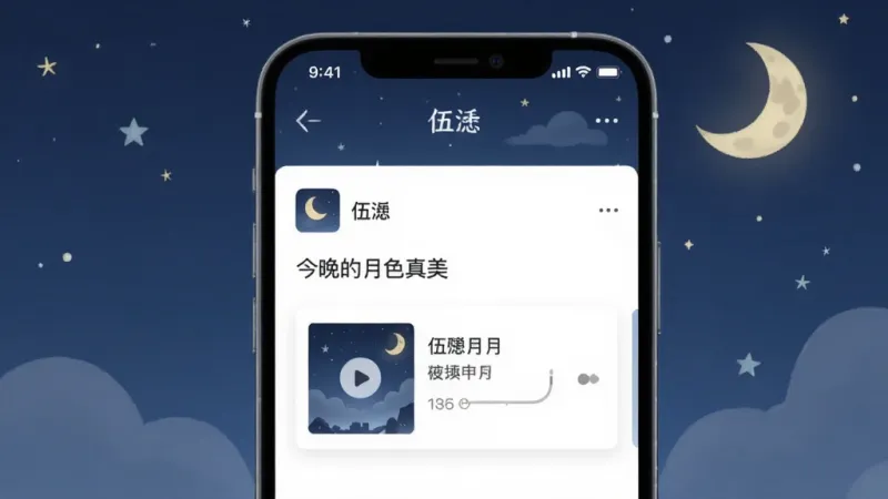 伍 情绪电台动态页面，画面展示一个手机屏幕，屏幕上是一条用户发布的动态，文字内容为“今晚的月色真美”，下方嵌入了一张歌曲播放卡片，卡片上有播放按钮和歌曲信息，屏幕背景是静谧的夜空和月亮插画，风格文艺清新，画质干净，无多余元素