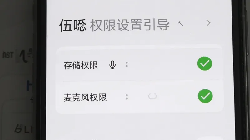 伍 权限设置引导界面，画面展示一个手机屏幕，屏幕上是应用权限管理页面，高亮显示“存储权限”和“麦克风权限”两个选项，旁边有绿色的对勾图标，界面背景是简洁的浅灰色，风格清晰直观，画质干净，无多余元素