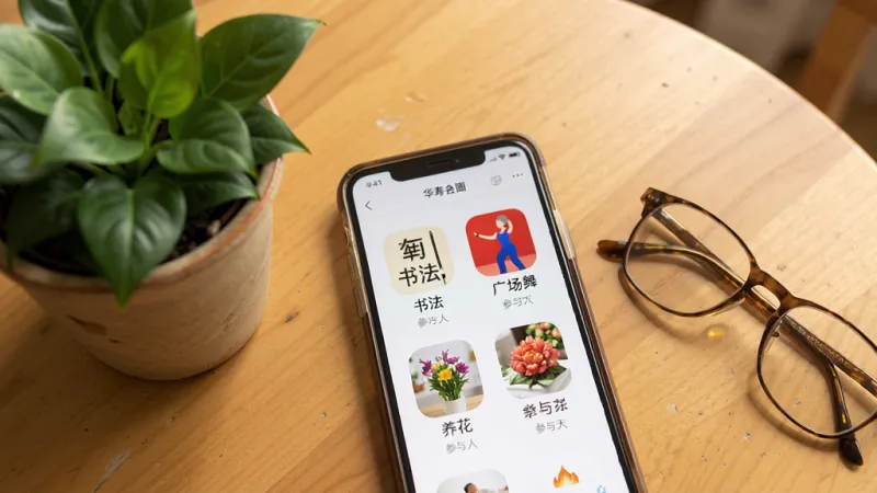 一张展示华寿会兴趣圈子页面的图片,画面中手机屏幕显示华寿会APP的圈子界面,可以看到书法、广场舞、养花等群组图标,每个图标下方有群组名称和参与人数,手机旁边放着一盆绿植和一副老花镜,背景是暖色调的桌面,风格亲切自然,画质清晰,无多余元素