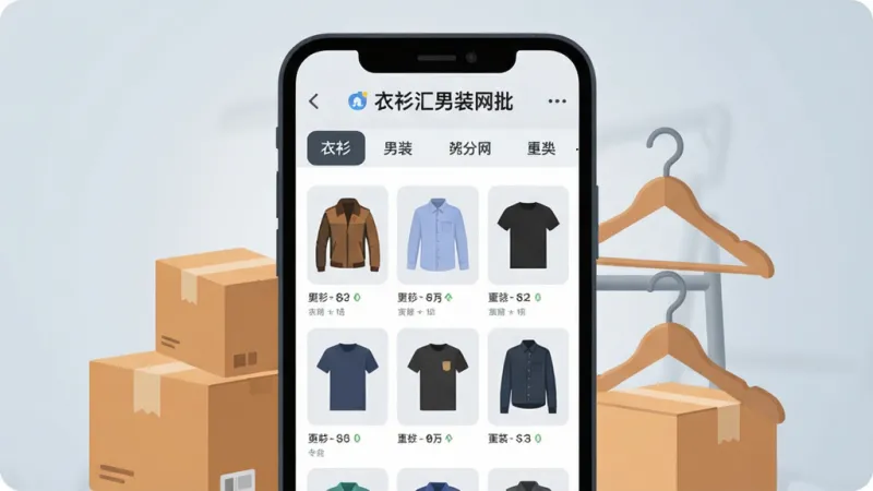 一张展示衣衫汇男装网批手机端界面的图片,中心位置是手机屏幕,屏幕上显示男装分类导航栏和商品瀑布流,包含夹克、衬衫、T恤等款式缩略图,手机周围环绕着快递箱和衣架元素,整体布局采用居中构图,风格现代扁平化,细节圆润,画质干净无多余元素,背景为浅灰蓝色渐变。