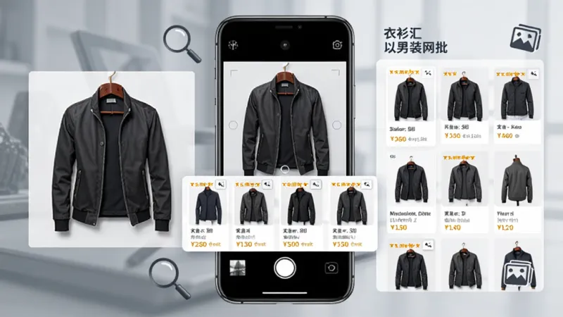衣衫汇男装网批以图搜款功能展示图,画面中央是一部手机,屏幕上显示相机取景框对准一件男士夹克,取景框下方弹出多个相似款式的搜索结果卡片,卡片上带有价格标签,周围点缀放大镜和图片图标,布局采用左右分栏,左侧显示拍摄原图,右侧展示匹配列表,风格简洁商务,细节清晰,画质干净无多余元素。