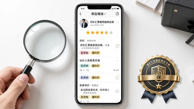 衣衫汇男装网批供应商评价页面截图风格图,画面主体为手机屏幕,屏幕内显示供应商店铺头像、五星评分条、买家文字评价列表,评价内容包含“发货快”“面料好”等标签,手机旁边放着一个手持放大镜和一块质保徽章,布局居中,风格写实,细节丰富,画质干净无多余元素。