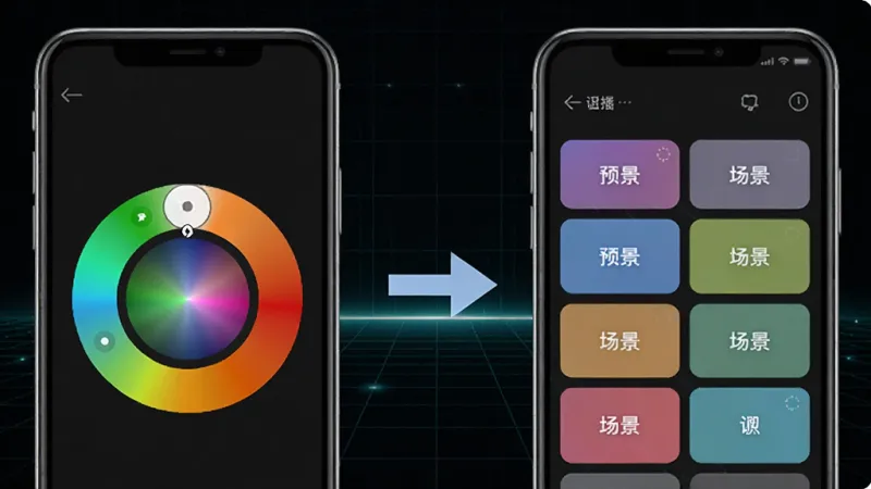 Yolight软件功能展示图,画面左侧是手机屏幕显示彩色光谱选择环,右侧是手机屏幕显示预设场景按钮列表,中间用箭头连接表示切换,背景为深色科技感网格,风格扁平化设计,画质清晰干净,无杂乱元素