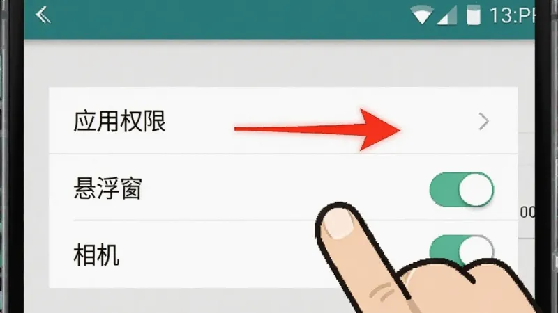 一张手机屏幕截图风格的示意图,画面中一个卡通手指正点击设置菜单里的“应用权限”选项,旁边有红色箭头指向“悬浮窗”和“相机”开关,背景是安卓系统的设置界面,风格简洁直观,画质清晰,无多余装饰