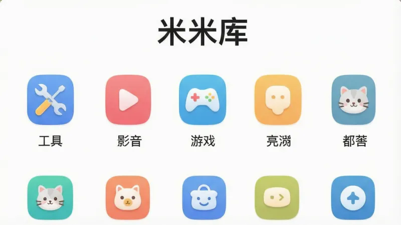 一张展示米米库应用分类界面的图片，画面中“米米库”名称位于顶部，下方是整齐排列的分类图标和标签，如“工具”、“影音”、“游戏”等，每个分类下有小图标展示，布局简洁有序，风格现代扁平，细节圆润，画质干净无多余元素