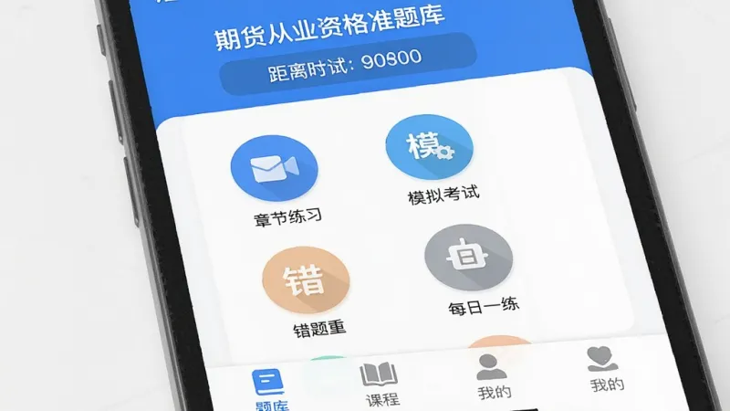 手机屏幕展示“期货从业资格准题库”应用主界面，蓝白配色，顶部显示距离考试倒计时，中间是章节练习、模拟考试、错题重做、每日一练四个圆形功能入口，底部为题库、课程、我的三个选项卡，背景干净简洁，扁平化设计风格，图标圆润清晰，画质干净无多余元素