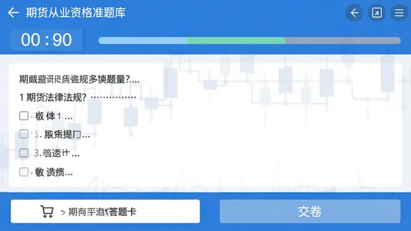 “期货从业资格准题库”应用内模拟考试界面，顶部显示倒计时和进度条，中间是一道期货法律法规多选题，底部有答题卡和交卷按钮，界面蓝白配色，文字清晰，排版规整，扁平化设计风格，画质干净无多余元素