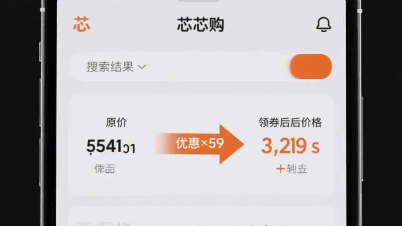一张展示手机屏幕的图片，屏幕上是“芯芯购”APP的搜索结果页面，左侧显示商品原价，右侧显示领券后的价格，中间用醒目的橙色箭头标注优惠金额，背景是浅灰色，画面风格现代简洁，文字清晰可辨，整体干净无杂乱元素