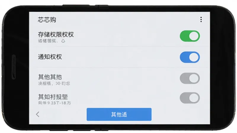 一部安卓手机屏幕显示“芯芯购”APP的权限管理设置页面，列表中存储权限为绿色开启状态，通知权限为蓝色开启状态，其他权限为灰色关闭状态，界面清晰，按钮明确，整体风格简洁，画质干净