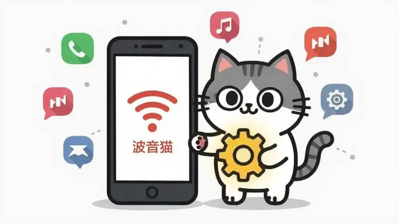 一只卡通猫咪站在手机旁边,手机屏幕显示WiFi信号断开图标,但猫咪手里拿着一个发光的齿轮,周围有电话、音乐、设置等小图标环绕,背景为浅灰色,风格为扁平化插画,细节简洁,画质干净,无多余元素,图片中文字为“波音猫”