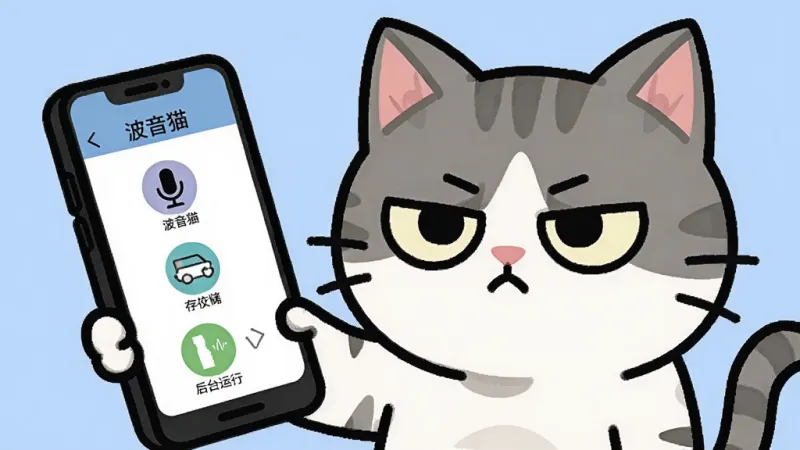 一只卡通猫咪拿着手机,手机屏幕显示权限设置界面,旁边有麦克风、存储、后台运行三个图标,猫咪表情认真,背景为浅蓝色,风格为扁平化插画,细节清晰,画质干净,无多余元素,图片中文字为“波音猫”
