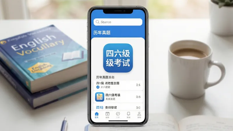 英语四六级考试真题软件主界面展示,手机屏幕中央显示英语四六级考试真题应用图标和名称,背景为柔和的学习场景桌面,书桌上摆放着英语词汇书和咖啡杯,界面布局简洁清晰,顶部搜索栏,中间是历年真题列表,底部导航栏,整体风格现代扁平化,色调以蓝白为主,画质干净高清,无多余元素