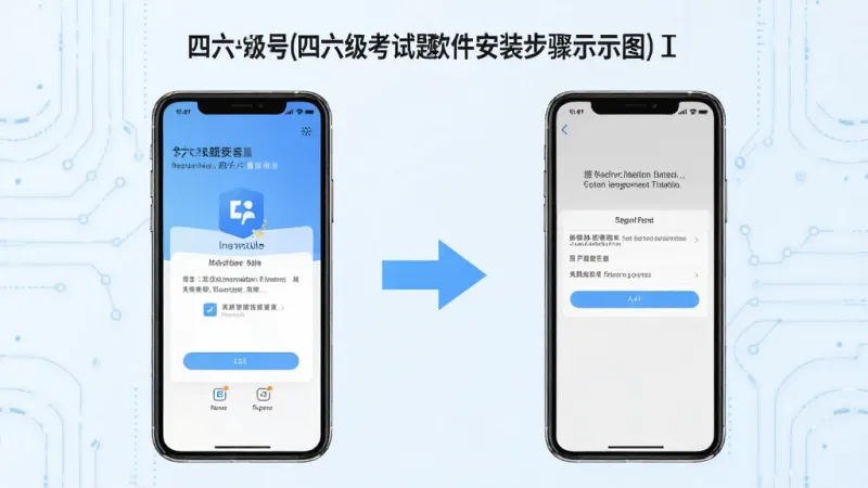 英语四六级考试真题软件安装步骤示意图,手机屏幕显示安装界面和权限设置页面,界面中有明确的步骤标注和箭头指引,背景为浅色科技风格,色调清爽,画质干净清晰,无多余元素