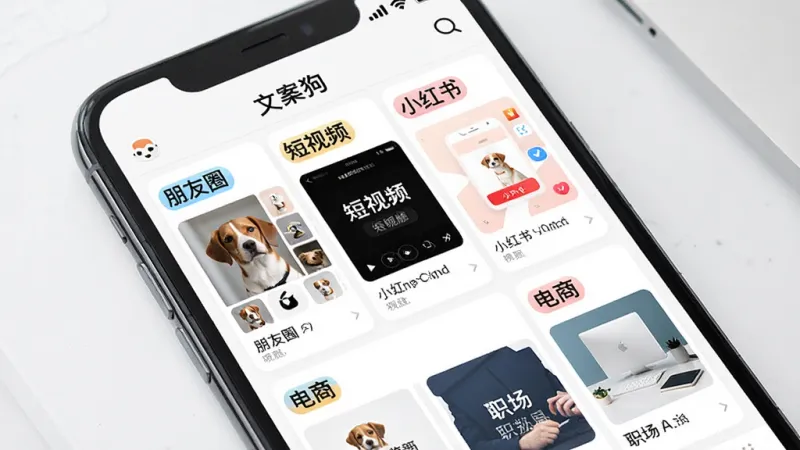 展示“文案狗”应用内丰富模板库的图片。主体是一个手机屏幕特写,屏幕里是“文案狗”APP的模板分类页面,可以看到“朋友圈”、“短视频”、“小红书”、“电商”、“职场”等醒目的分类标签,每个标签下有几个模板卡片缩略图。布局清晰,排版整齐,风格清新明亮,细节精致,画质干净,无多余元素。