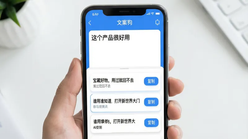 一张表现“文案狗”AI改写润色功能的图片。主体是一个手机屏幕,屏幕中显示“文案狗”APP的AI润色界面,上半部分是用户输入的原始文字“这个产品很好用”,下半部分是AI改写后的几个不同风格选项,如“宝藏好物,用过就回不去”、“谁用谁知道,打开新世界大门”,每个选项旁有“复制”按钮。布局清晰,风格简约现代,以蓝色和白色为主,画质干净,无多余元素。