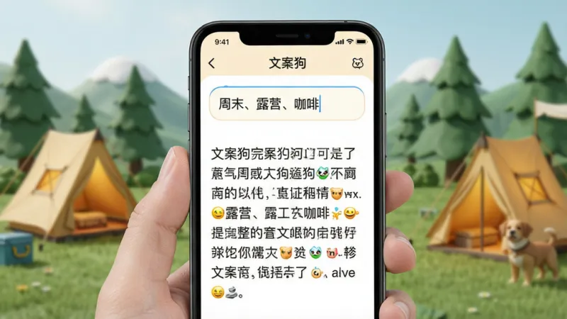 一张展示“文案狗”关键词扩写功能的图片。主体是一个手机屏幕,屏幕中显示“文案狗”APP的扩写界面,输入框里有“周末、露营、咖啡”三个词,下方是生成的一段完整文案,文案中带有表情符号。界面布局简洁,以浅色背景为主,风格轻松活泼,画质干净,无多余元素。