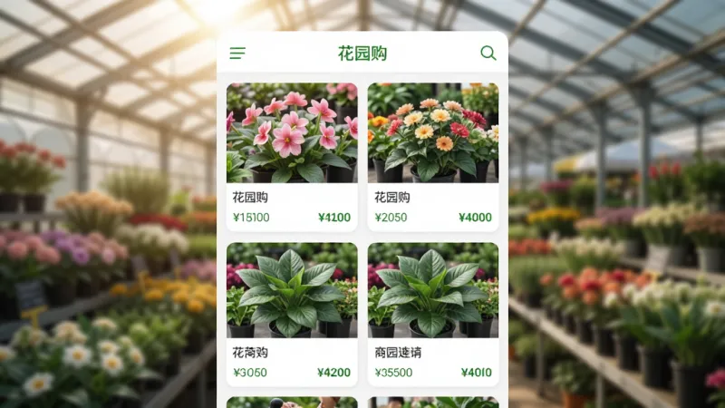 画面主体是“花园购”应用的商品列表页截图，布局为两列瀑布流卡片，每张卡片展示一种花卉或绿植的图片、名称和价格。背景是虚化的花卉市场大棚，有阳光透过棚顶洒下。风格写实，细节清晰，画质干净，无多余元素。