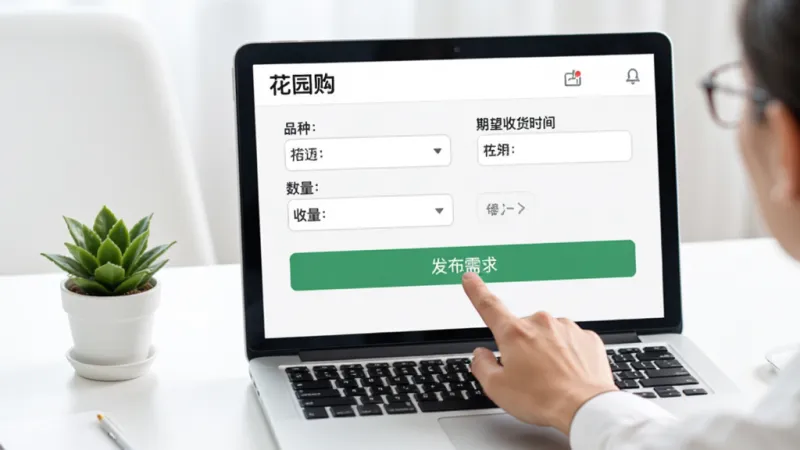 展示“花园购”的采购需求发布界面，画面中一只手正在点击“发布需求”按钮，屏幕上方显示已填写的品种、数量和期望收货时间。背景是简洁的白色办公桌面，有一盆小绿植点缀，风格现代扁平，画质干净，无多余元素。